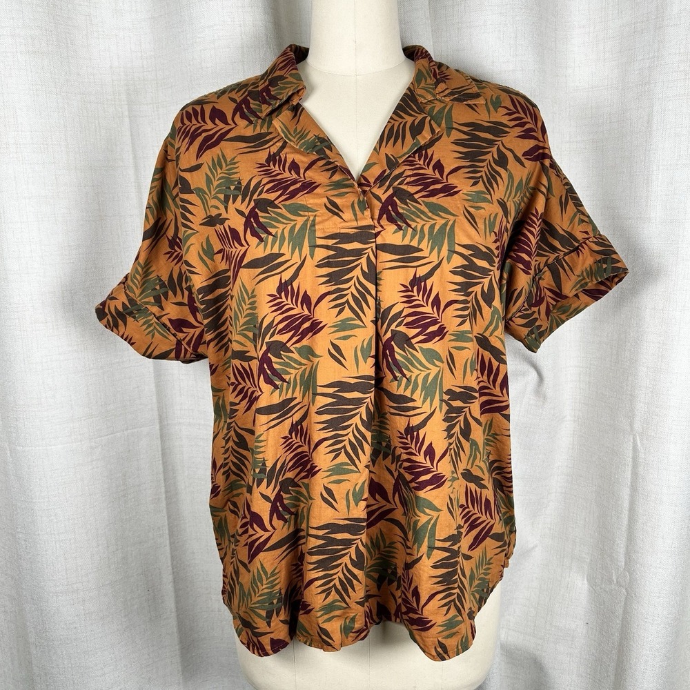 Duluth Printmaker Women's Large Popover Leaf‎ Print Shirt Organic Cotton Orange